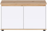 Modernes Sideboard mit heller Holzplatte und -sockel, zwei weißen Fronttüren und schwarzen Füßen, frontal aus der Vorderansicht fotografiert.