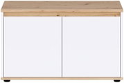 Modernes Sideboard mit heller Holzplatte und -sockel, zwei weißen Fronttüren und schwarzen Füßen, frontal aus der Vorderansicht fotografiert.