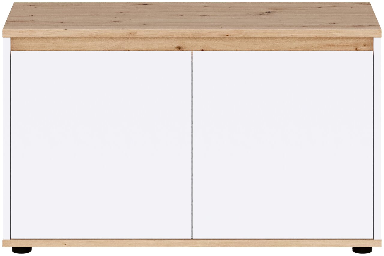 Modernes Sideboard mit heller Holzplatte und -sockel, zwei weißen Fronttüren und schwarzen Füßen, frontal aus der Vorderansicht fotografiert.