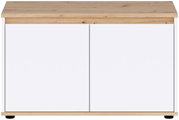 Modernes Sideboard mit heller Holzplatte und -sockel, zwei weißen Fronttüren und schwarzen Füßen, frontal aus der Vorderansicht fotografiert.