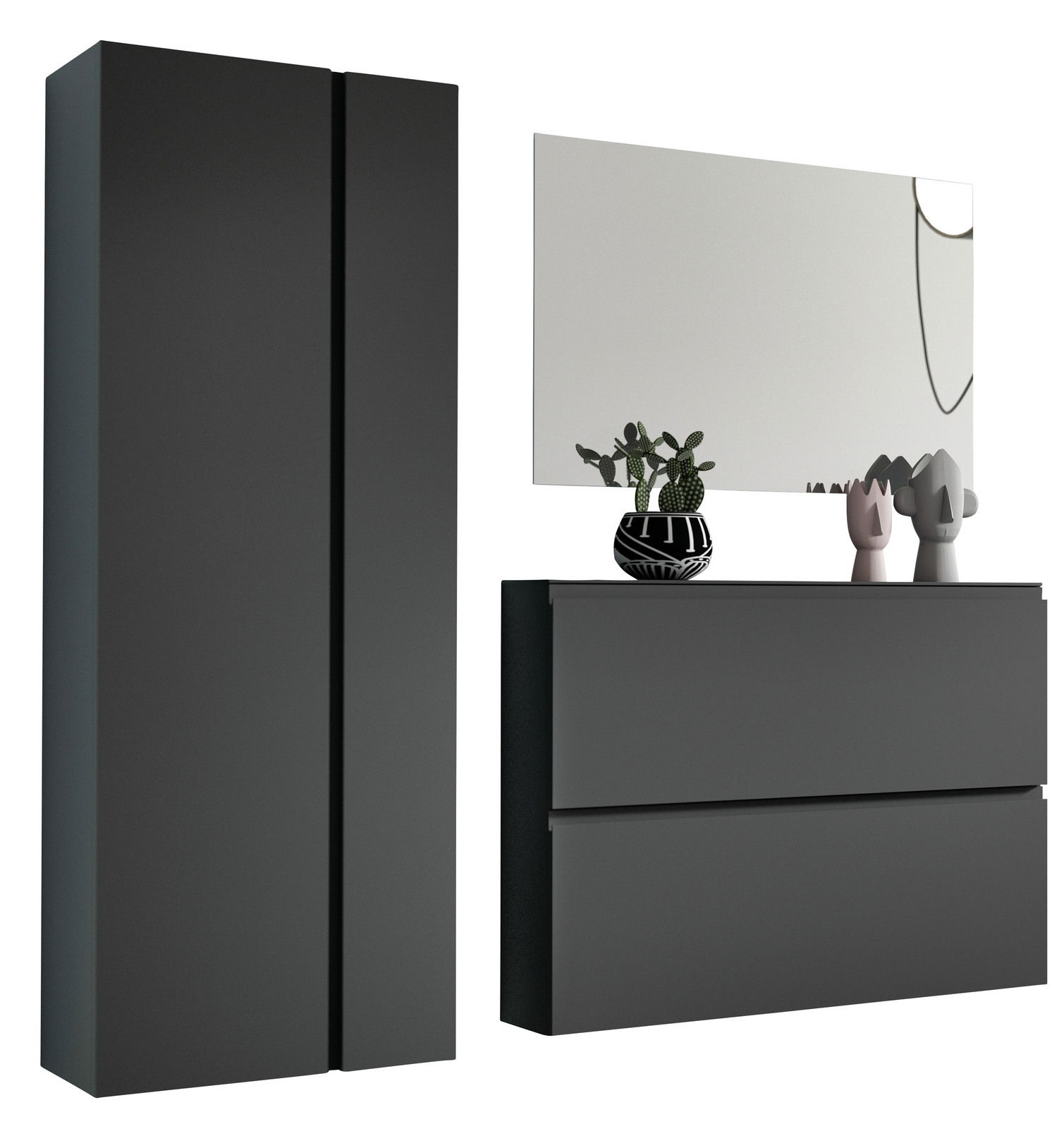 Moderano Garderoben-Set LECCO Modernes Garderobenset in dunklem Design mit hohem Schrank, Spiegel und Kommode, seitliche Perspektive