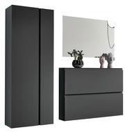 Modernes Garderobenset in dunklem Design mit hohem Schrank, Spiegel und Kommode, seitliche Perspektive