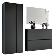 Modernes Garderobenset in dunklem Design mit hohem Schrank, Spiegel und Kommode, seitliche Perspektive