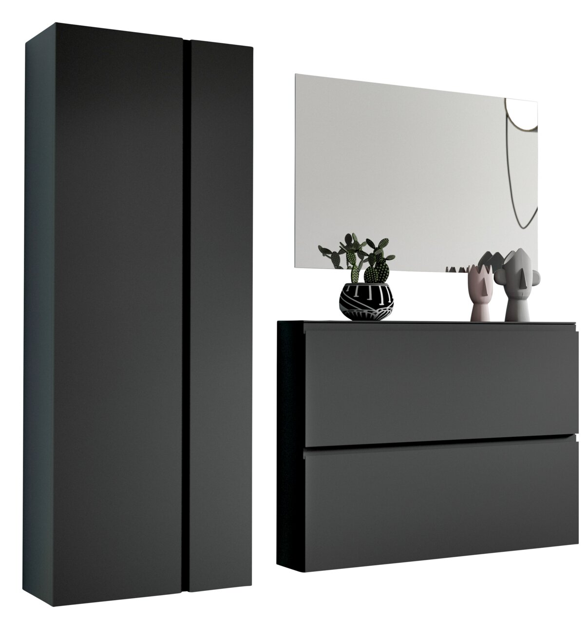 Modernes Garderobenset in dunklem Design mit hohem Schrank, Spiegel und Kommode, seitliche Perspektive
