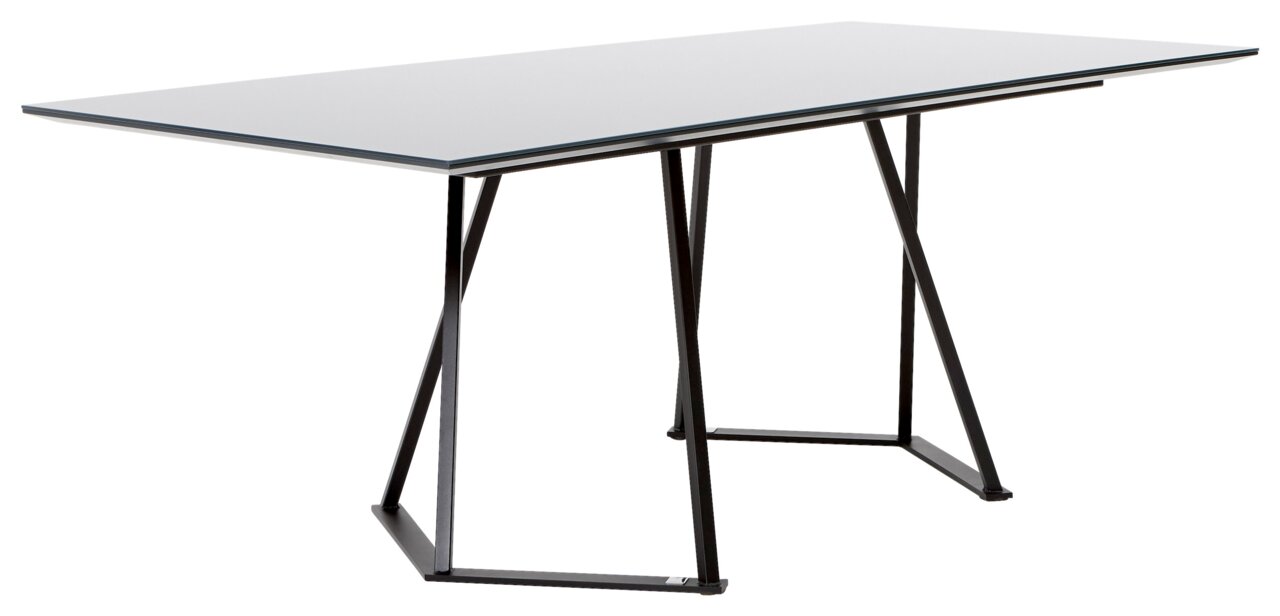 Moderner Esstisch mit schwarzem Metallgestell und rechteckiger Glasplatte, seitliche Perspektive