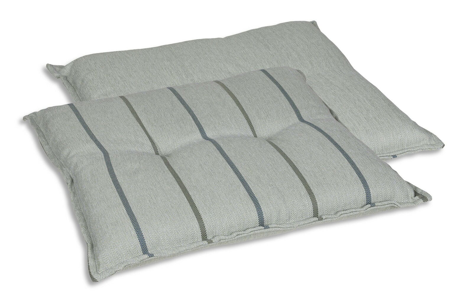 Zwei gestreifte Hockerauflagen in Grau- und Grüntönen, aus einer leicht erhöhten Perspektive fotografiert.