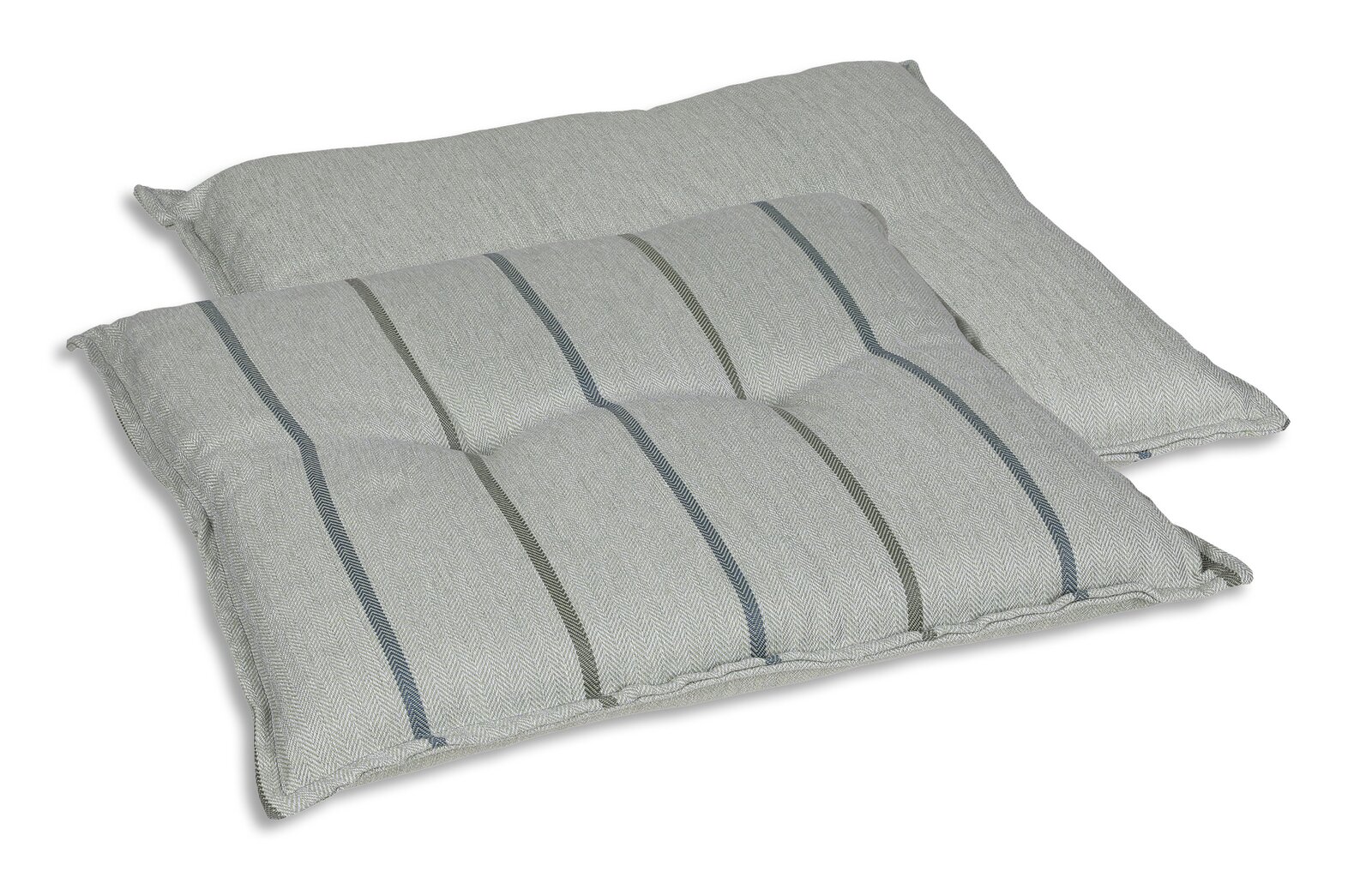 Go-De Wendehockerauflage 23529 Zwei gestreifte Hockerauflagen in Grau- und Grüntönen, aus einer leicht erhöhten Perspektive fotografiert.