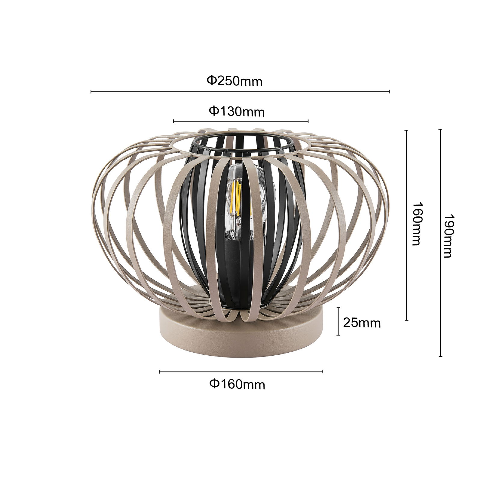 Moderne Tischleuchte mit kugelförmigem, offenen Design aus Metallstreben, seitliche Perspektive.