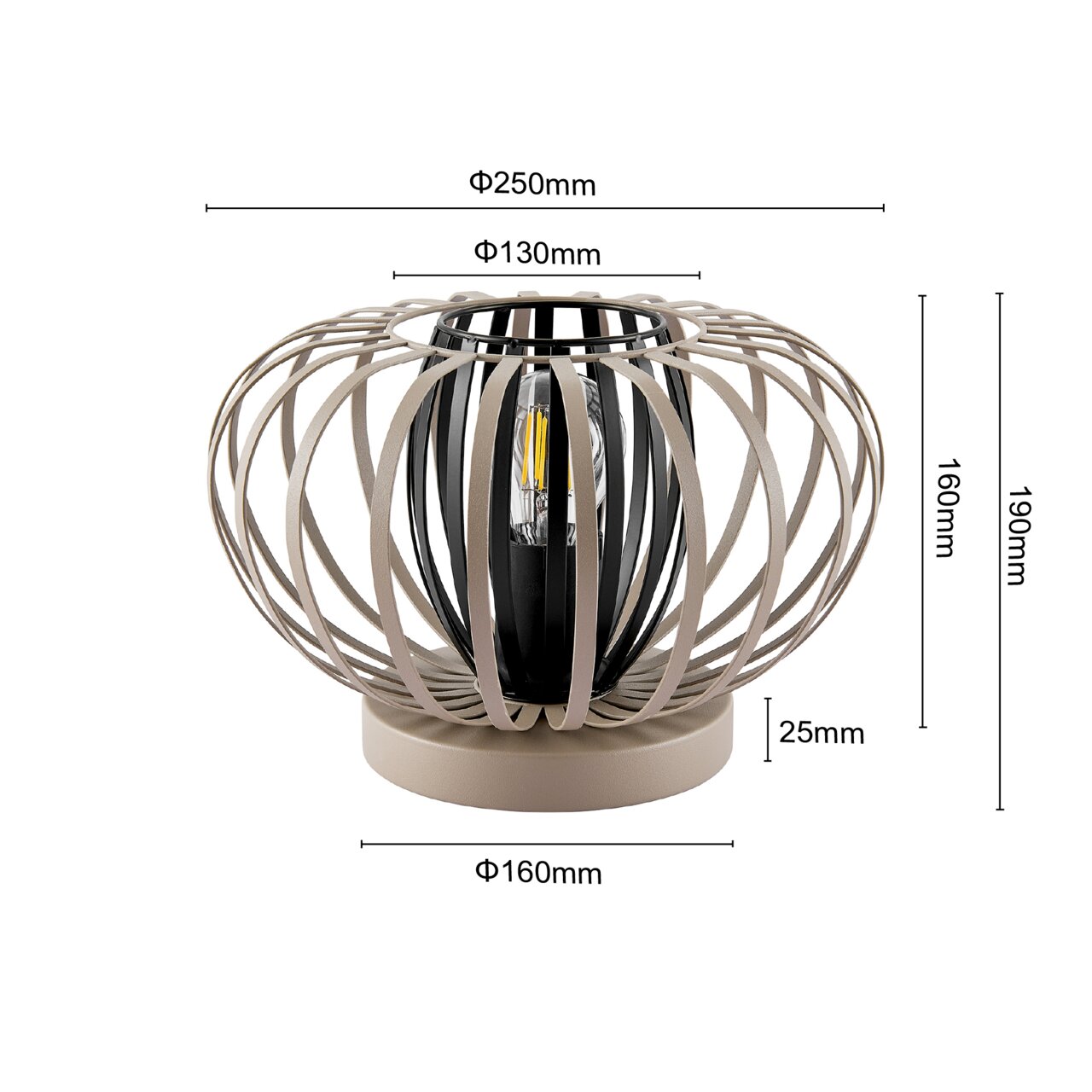 Moderne tafellamp met een bolvormig, open ontwerp van metalen spanten, gezien vanaf de zijkant.