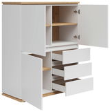 Weißes Highboard mit Holzdetails, geöffnet, zeigt Regale und Schubladen, Perspektive von vorne links
