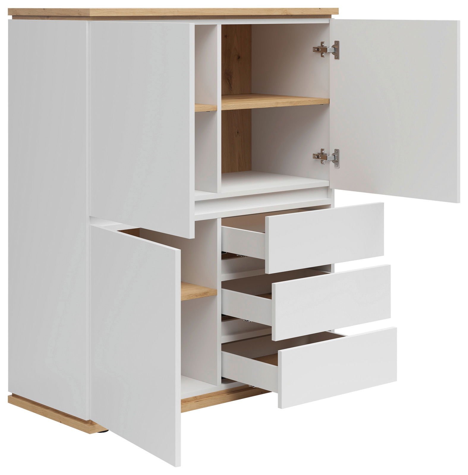 Weißes Highboard mit Holzdetails, geöffnet, zeigt Regale und Schubladen, Perspektive von vorne links