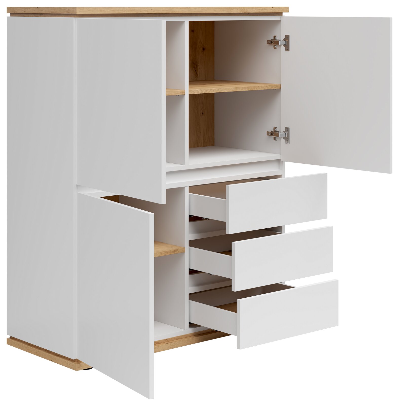 Weißes Highboard mit Holzdetails, geöffnet, zeigt Regale und Schubladen, Perspektive von vorne links