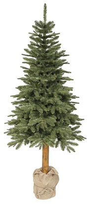 Künstlicher Weihnachtsbaum Tiaga Tanne, 240 cm hoch, in Frontalansicht mit natürlichem Aussehen und Jutesack als Basis.