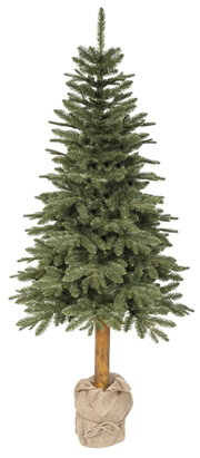 Kunstkerstboom Tiaga-spar, 240 cm hoog, in vooraanzicht met een natuurlijke uitstraling en een jutezak als voet.
