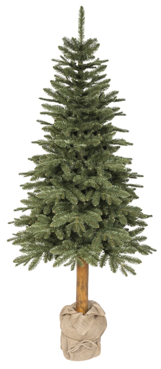 Kunstkerstboom Tiaga-spar, 240 cm hoog, in vooraanzicht met een natuurlijke uitstraling en een jutezak als voet.