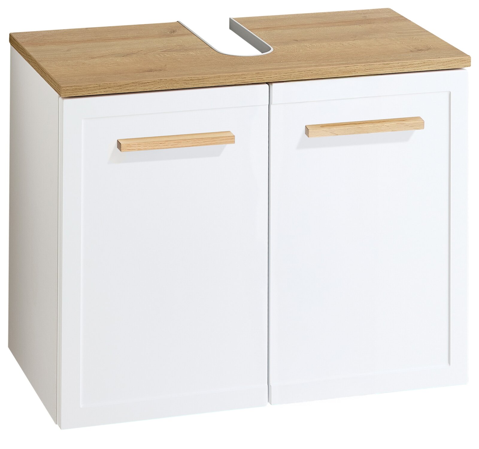 Weißer Waschtischunterschrank mit Holzoptik-Abdeckplatte und zwei Türen mit Holzgriffen, Ausschnitt für Siphon, Ansicht schräg von vorne