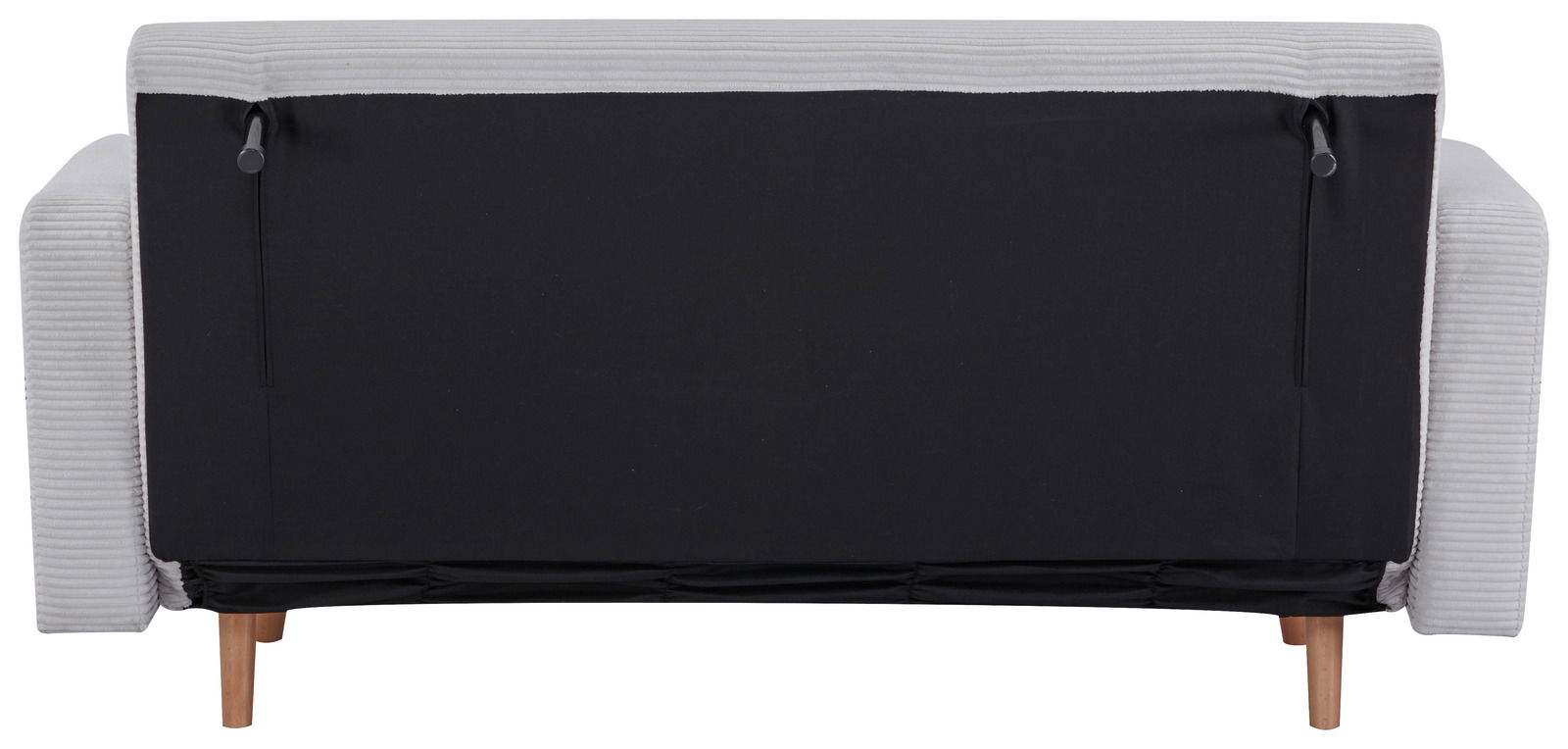 Rückansicht eines Funktionssofas mit hellgrauem Stoffbezug und Holzfüßen.