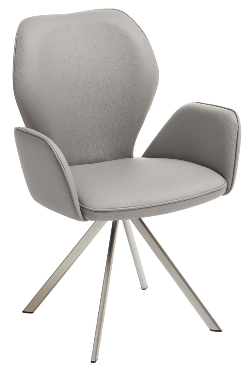 Moderner grauer Sessel mit gepolsterten Armlehnen und Metallbeinen, seitliche Perspektive