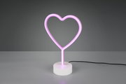 LED-Tischleuchte in Herzform mit pinkem Licht, frontal betrachtet auf grauem Hintergrund.