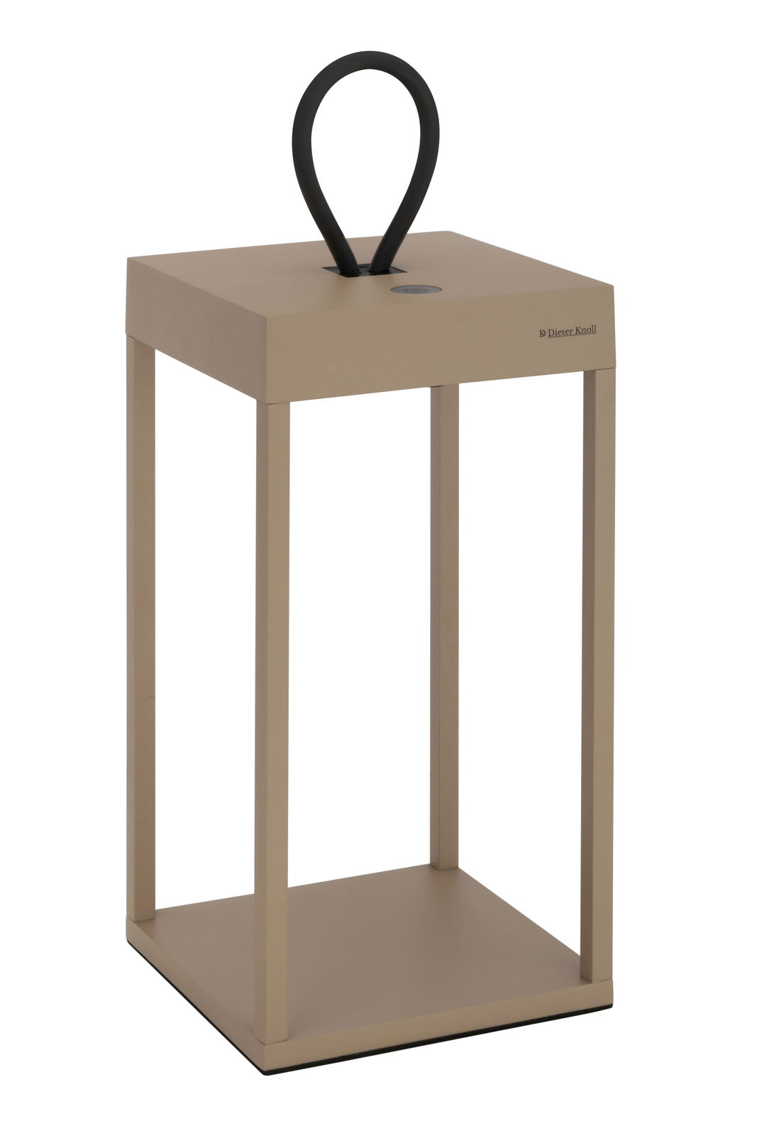 Moderne Akku-Tischleuchte in rechteckiger Form mit schwarzem Griff, seitliche Perspektive