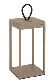 Moderne Akku-Tischleuchte in rechteckiger Form mit schwarzem Griff, seitliche Perspektive