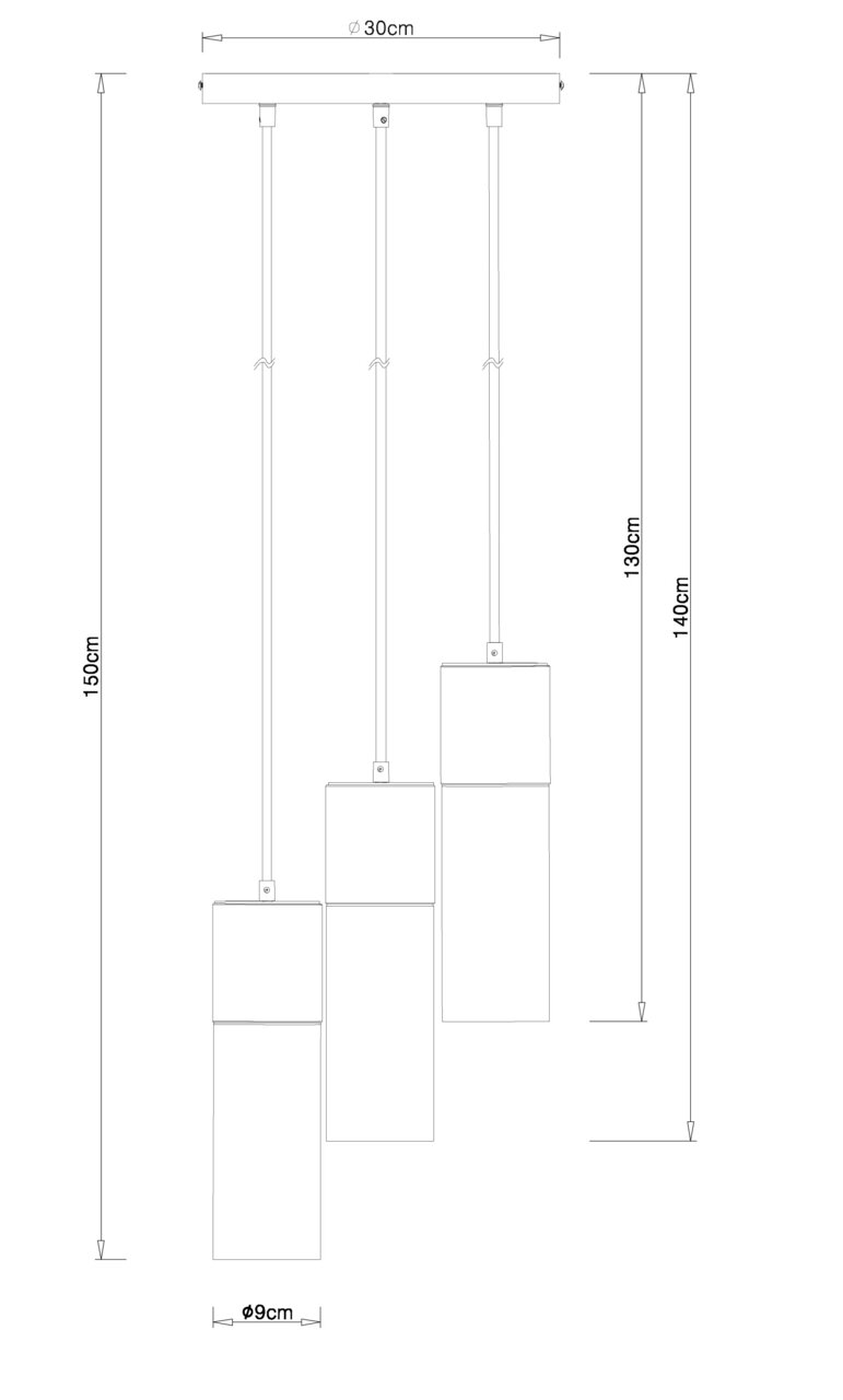 Technische Zeichnung einer dreifachen Hängeleuchte mit zylindrischen Lampenschirmen, die in unterschiedlichen Höhen hängen. Ansicht von vorne.