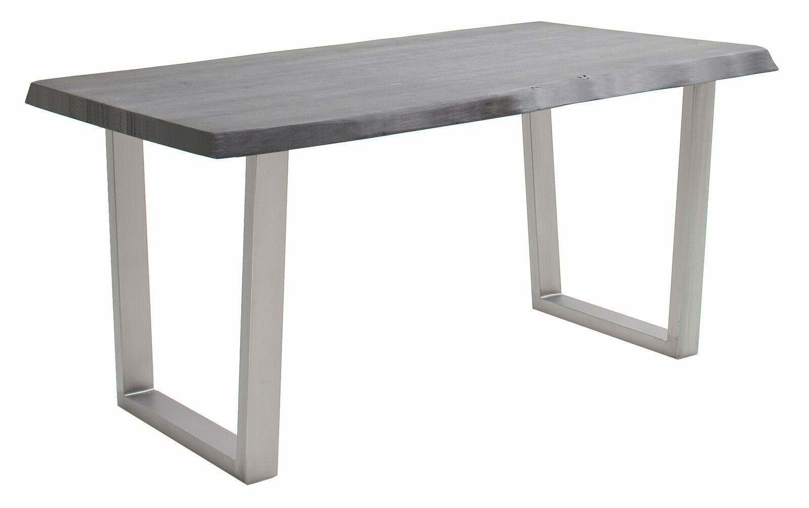 Moderner Esstisch mit V-förmigen Edelstahlbeinen und dunkler Holzplatte, seitliche Perspektive