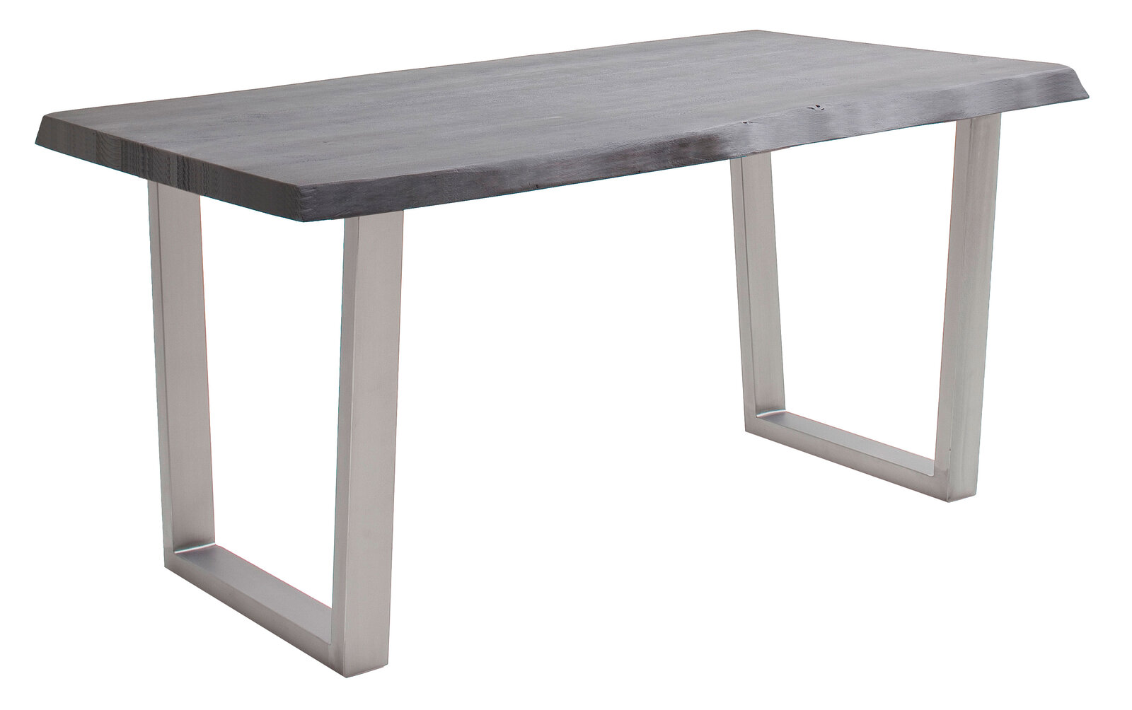 Moderner Esstisch mit V-förmigen Edelstahlbeinen und dunkler Holzplatte, seitliche Perspektive