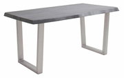 Moderne eettafel met V-vormige roestvrijstalen poten en een donkerhouten blad, zijaanzicht