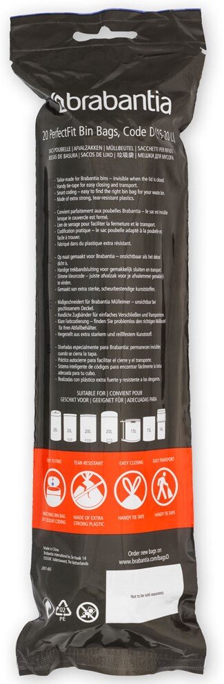 Verpakking van Brabantia-vuilniszakken, 20 stuks, code D, 15-20 liter, vooraanzicht