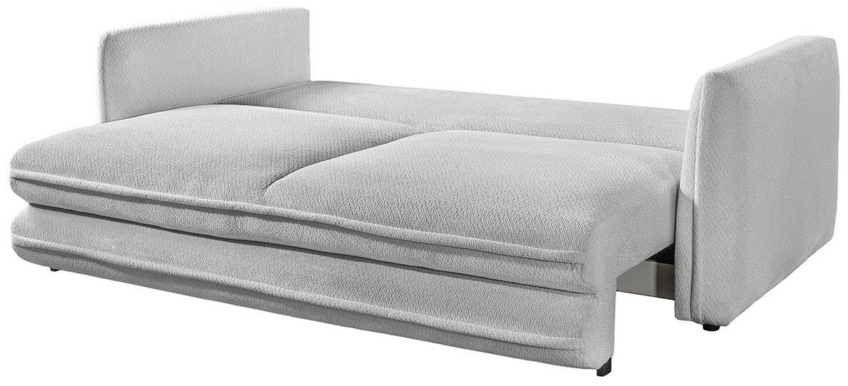 Graues Funktionssofa in ausgeklappter Position, seitliche Perspektive