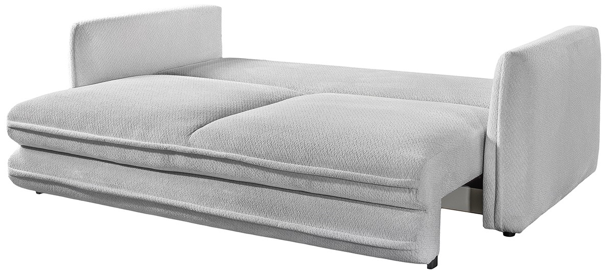 Graues Funktionssofa in ausgeklappter Position, seitliche Perspektive