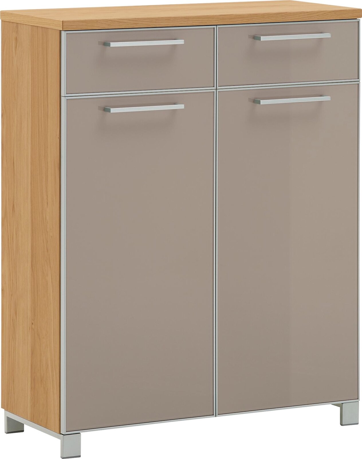 Schuhkommode aus Holz mit zwei Schubladen und zwei Türen, Frontansicht