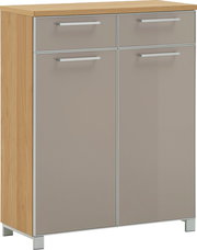 Schuhkommode aus Holz mit zwei Schubladen und zwei Türen, Frontansicht