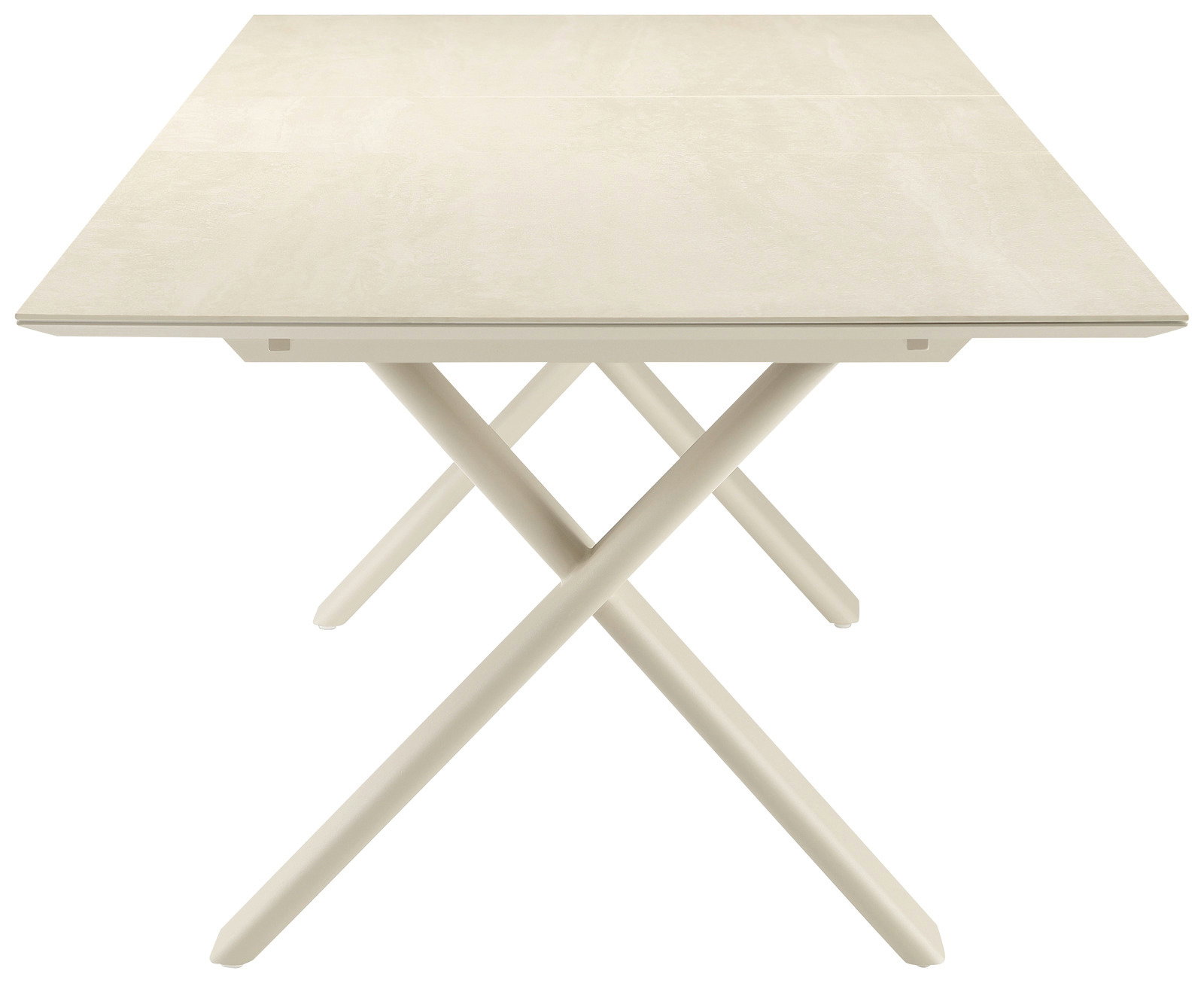 Moderner Garten Ausziehtisch in heller Farbe, frontal betrachtet mit gekreuzten Tischbeinen.