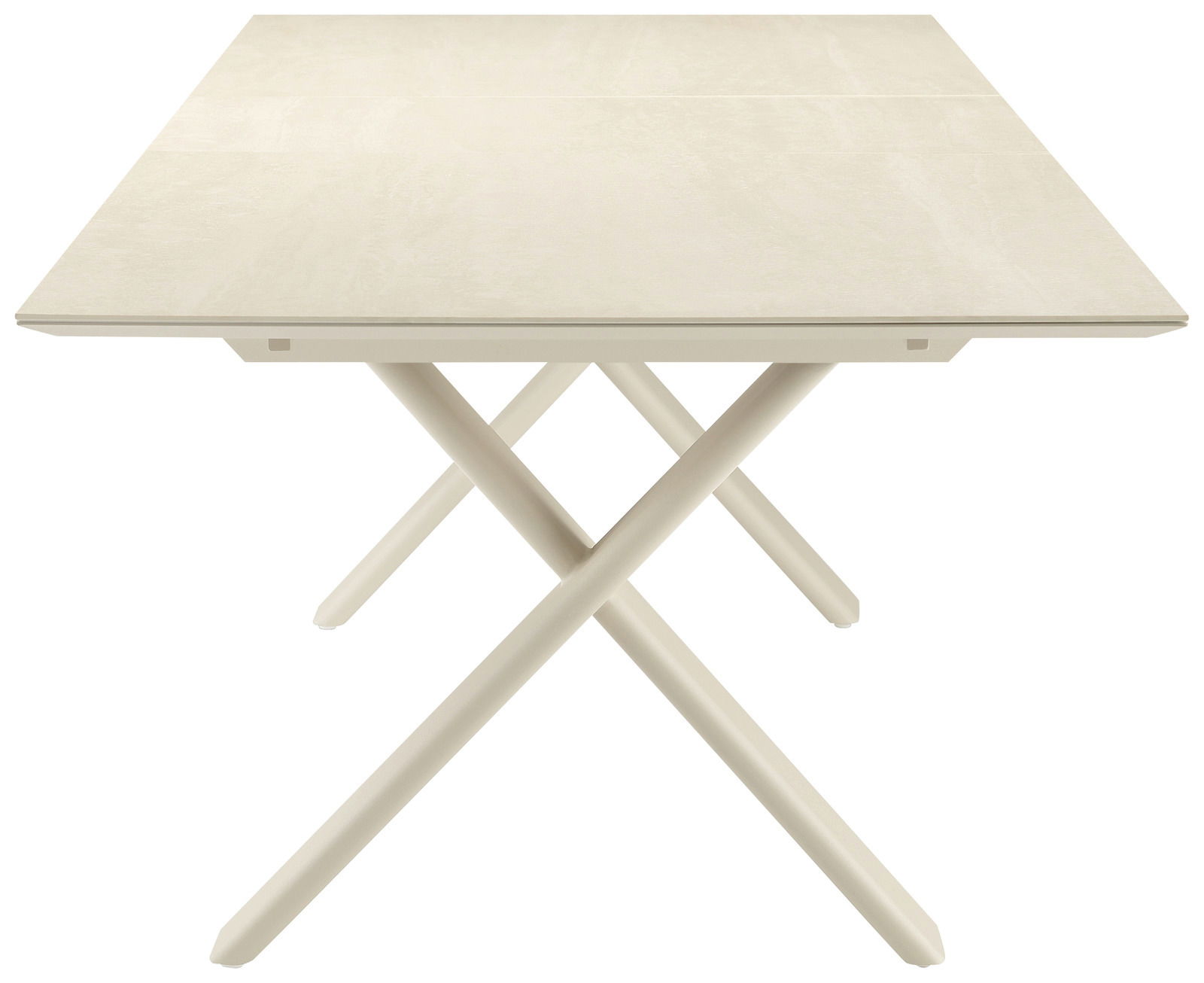 Moderner Garten Ausziehtisch in heller Farbe, frontal betrachtet mit gekreuzten Tischbeinen.