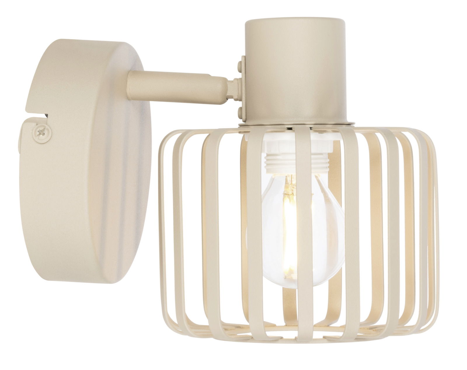 Beigefarbener Wandleuchter mit Gitterdesign und sichtbarer Glühbirne, seitliche Perspektive