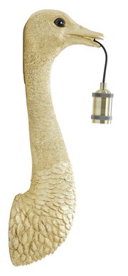 Goldene Wandleuchte in Form eines Gänsehalses mit einer Fassung im Schnabel, seitliche Perspektive