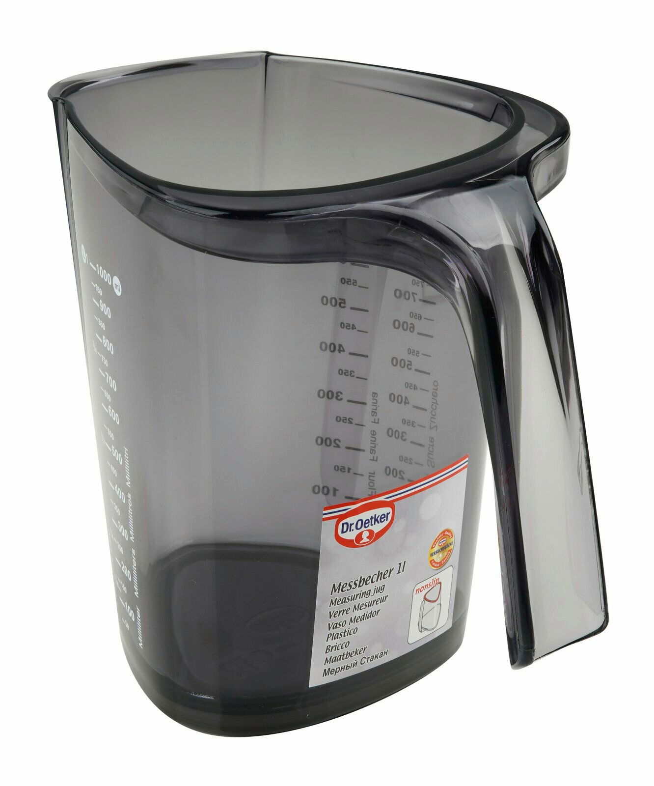 Transparenter Messbecher 1L von Dr. Oetker, seitliche Perspektive mit Skala und Griff sichtbar.