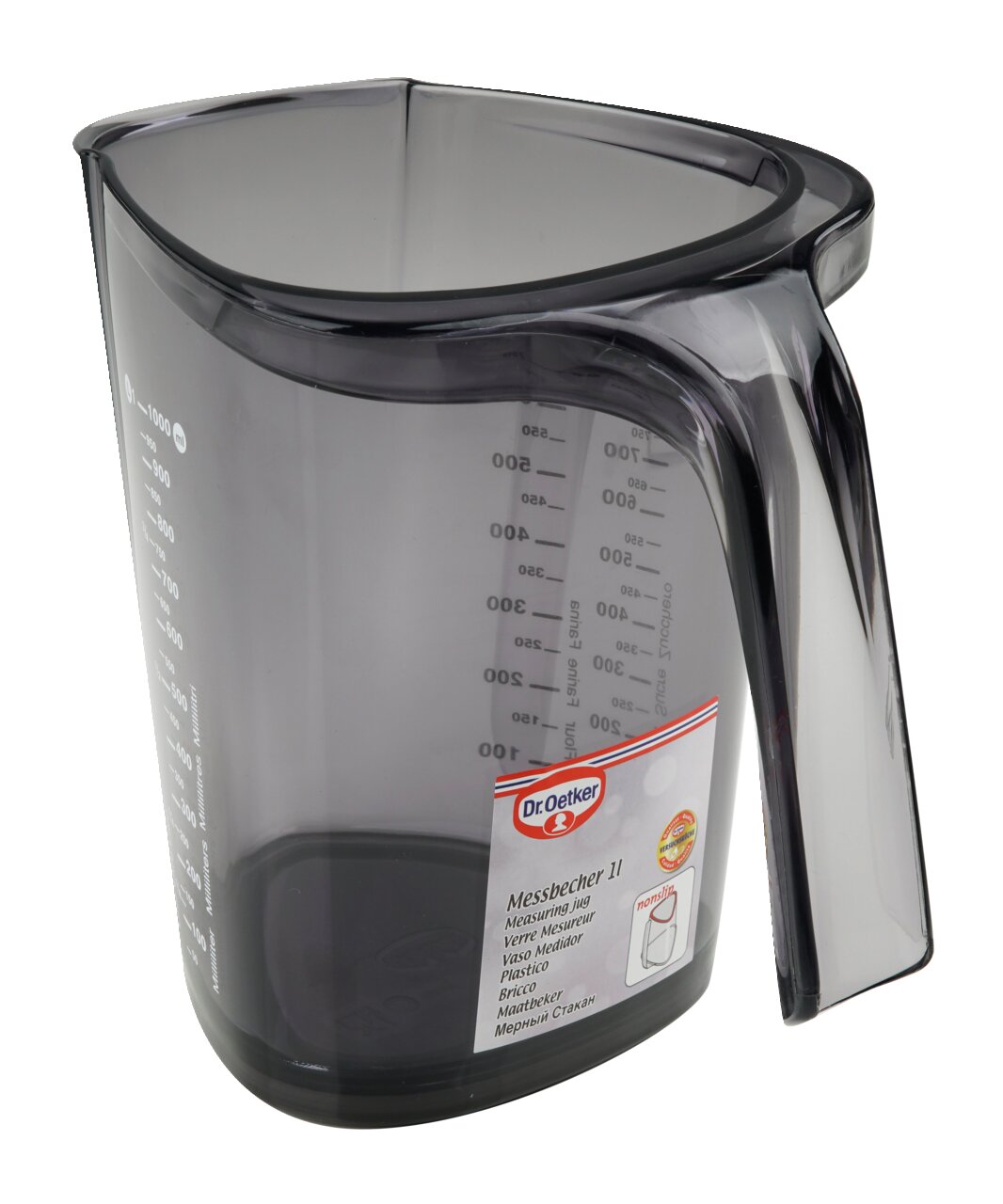 Doorzichtige maatbeker van 1 liter van Dr. Oetker, zijaanzicht met schaalverdeling en handvat zichtbaar.