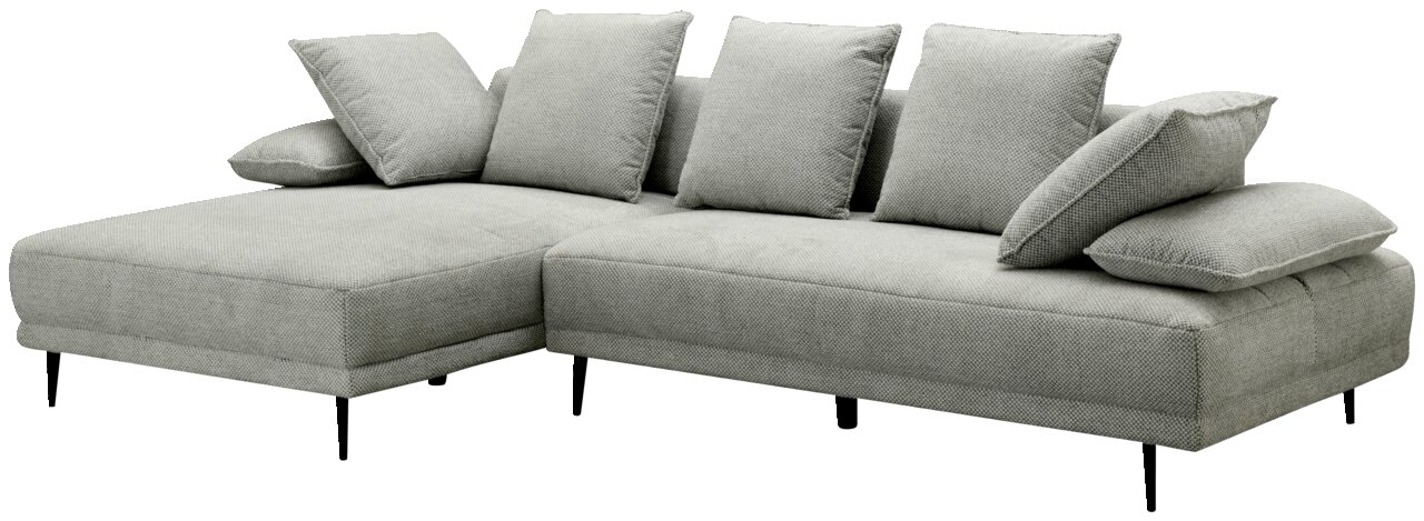 Graues Ecksofa mit linker Ottomane, vier Rückenkissen und zwei Armlehnenkissen, Perspektive von vorne links