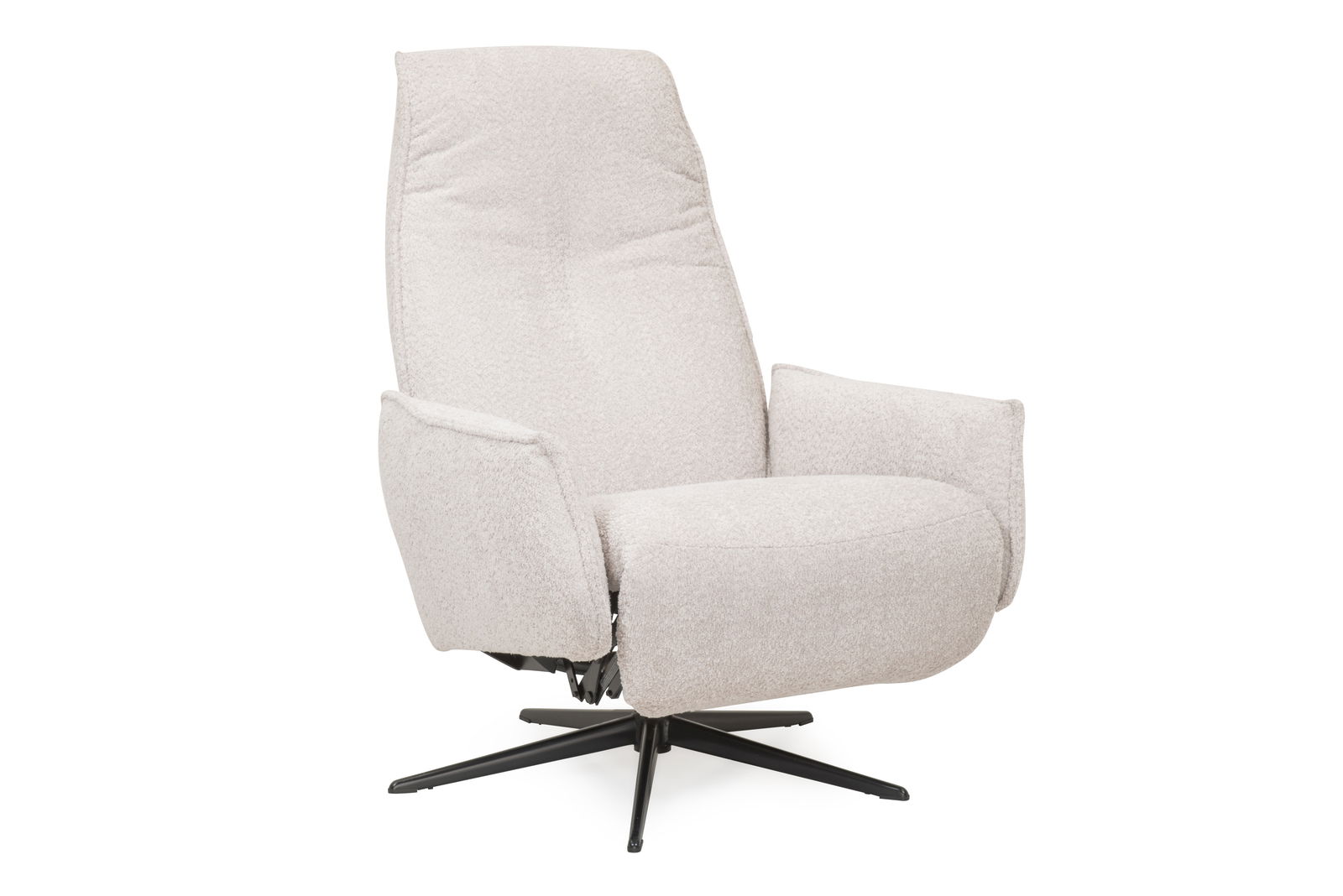 Beiger Relaxsessel mit schwarzem Drehfuß, seitliche Perspektive