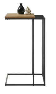 Moderner Beistelltisch mit Holzplatte und schwarzem Metallgestell, seitliche Perspektive