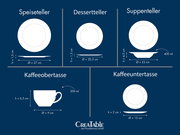 Maßgrafik eines Porzellan-Geschirrsets mit Speiseteller (Ø 27 cm, h 1,5 cm), Dessertteller (Ø 20,5 cm, h 1,5 cm), Suppenteller (Ø 23 cm, h 4,5 cm, 400 ml), Kaffeeobertasse (Ø 9 cm, h 6,5 cm, 200 ml) und Kaffeeuntertasse (Ø 15 cm, h 2 cm), dargestellt in D