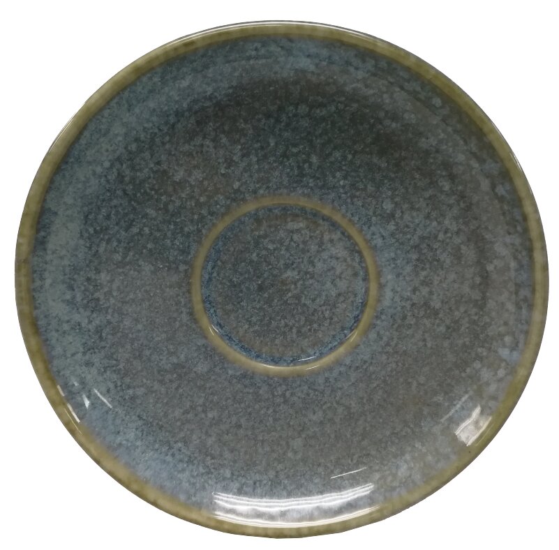 Espresso-Untertasse aus Keramik in blauer und grüner Farbgebung, von oben betrachtet.