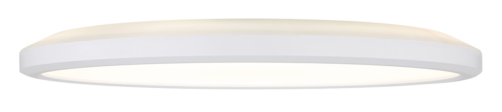 Flache, runde LED-Deckenleuchte in Weiß mit opaler Abdeckung, seitliche Ansicht (Profil) vor weißem Hintergrund
