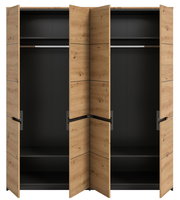 Offener Kleiderschrank in Eiche-Optik mit schwarzem Innenraum, zwei Fächern und Kleiderstange, Frontansicht