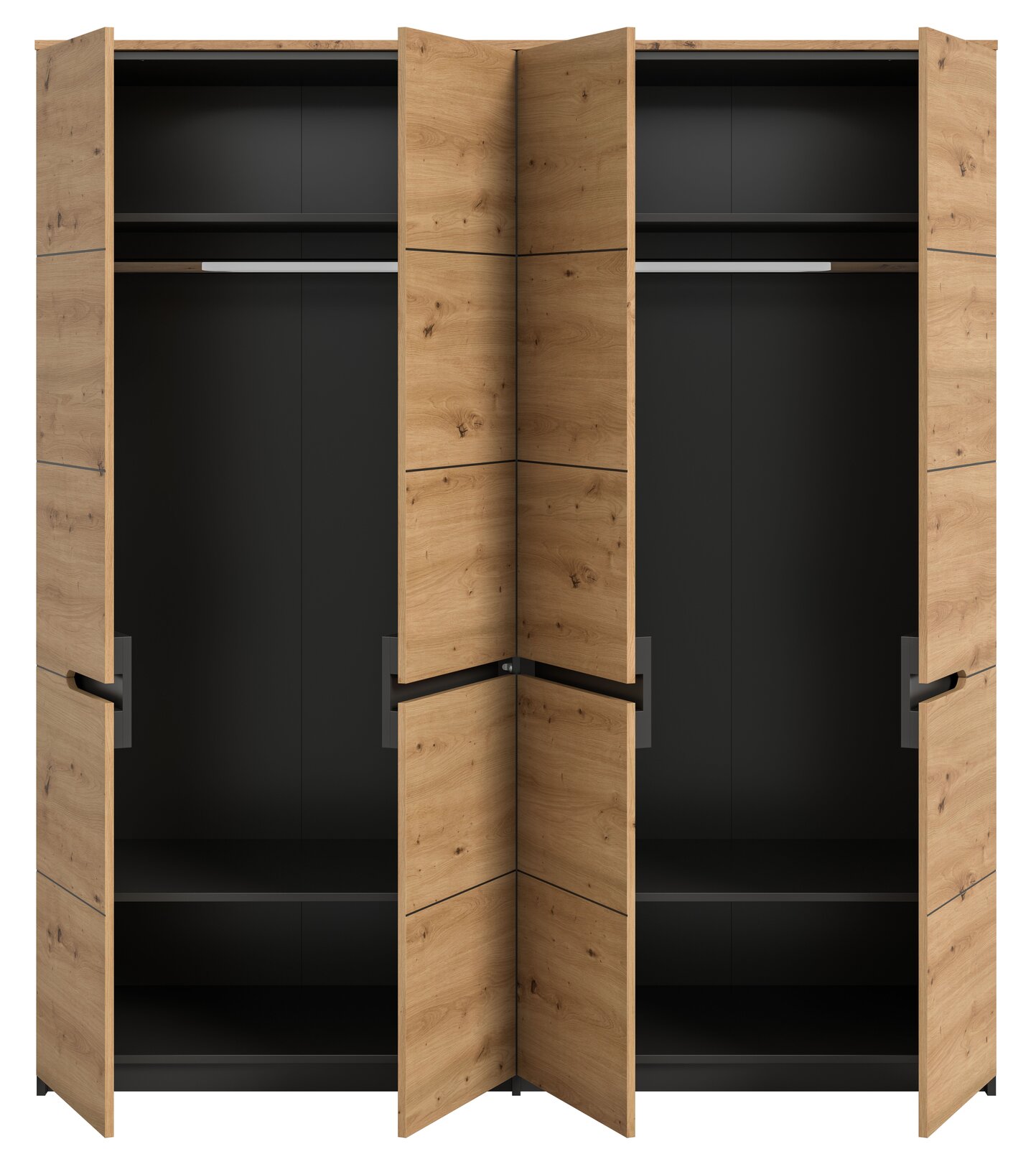 Offener Kleiderschrank in Eiche-Optik mit schwarzem Innenraum, zwei Fächern und Kleiderstange, Frontansicht