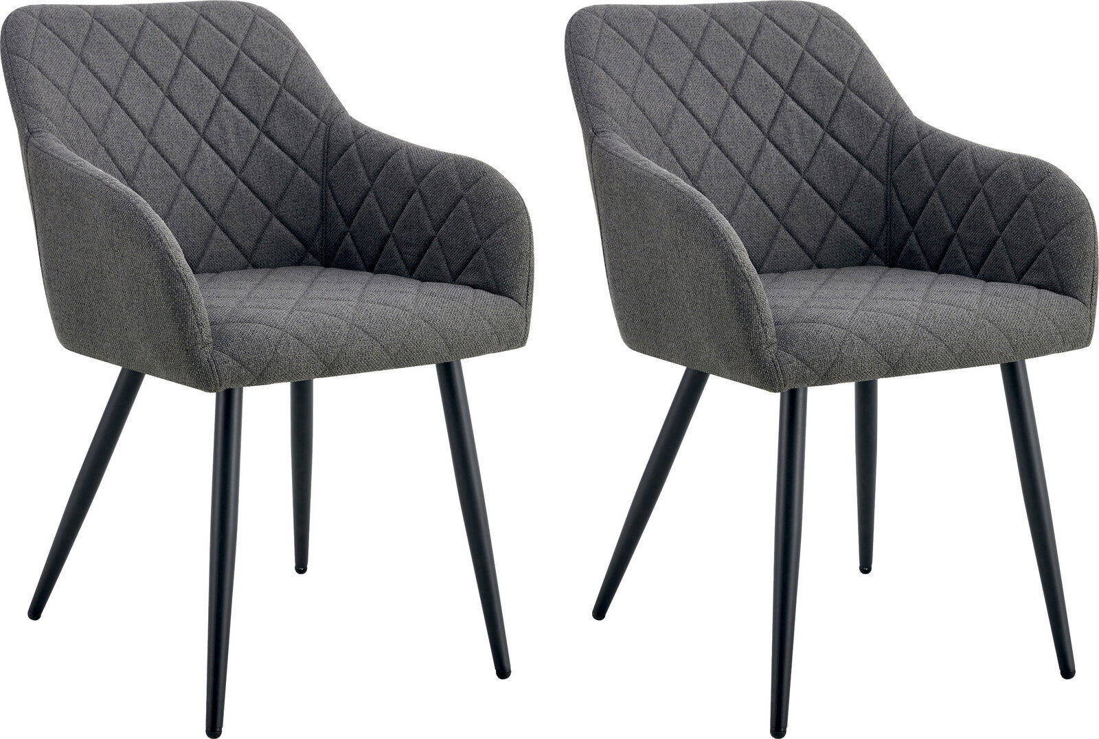 Zwei graue Polsterstühle mit Armlehnen, rautenförmig gesteppter Rückenlehne und schwarzen Metallbeinen, freigestellt in schräger Vorderansicht