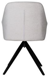 Rückansicht eines modernen Armlehnstuhls mit hellgrauem Stoffbezug und schwarzen Metallbeinen.